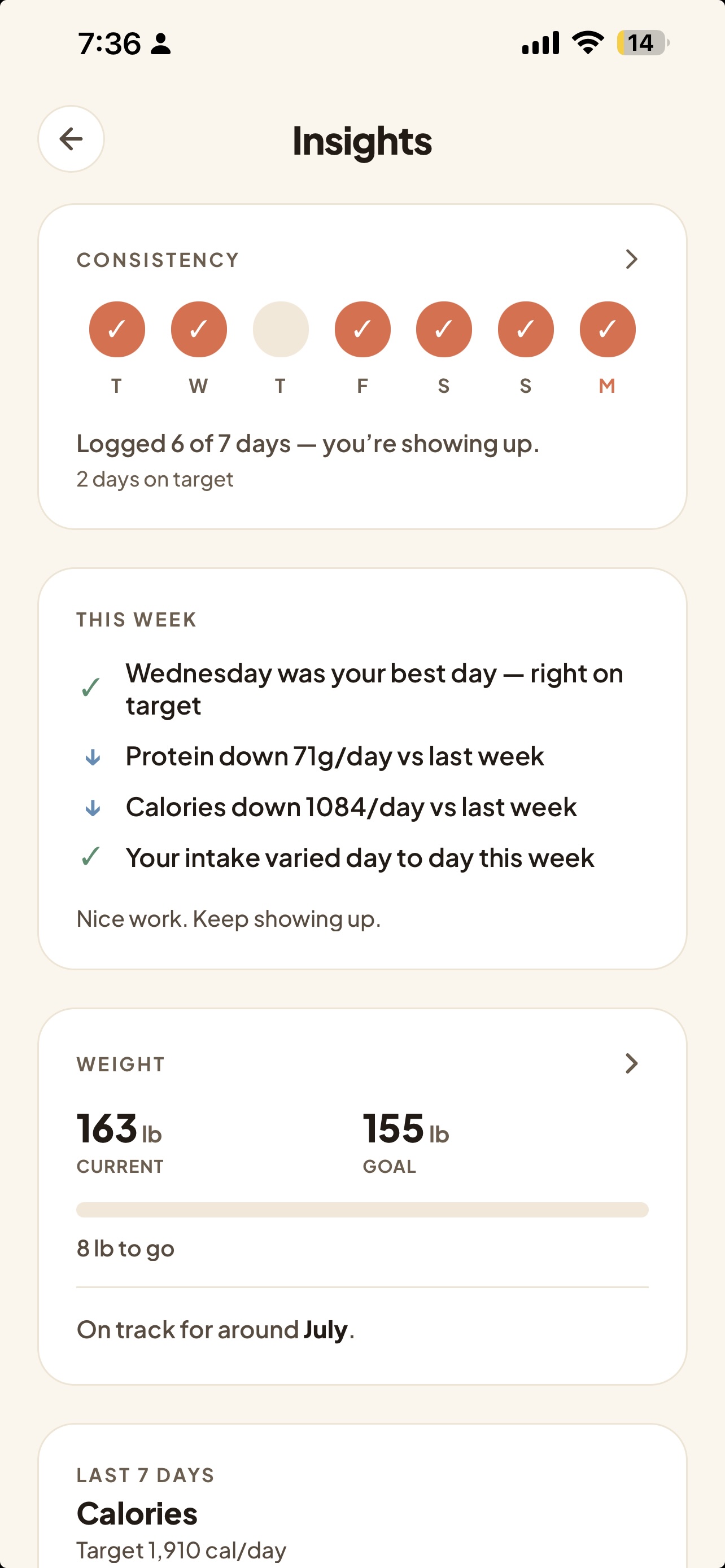 MacroThis insights screen showing weekly consistency and weight progress